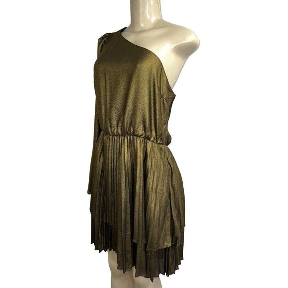 DEREK LAM Yolie Gold Long Sleeve One Shoulder Pleated Mini Dress Size M - Picture 4 of 6